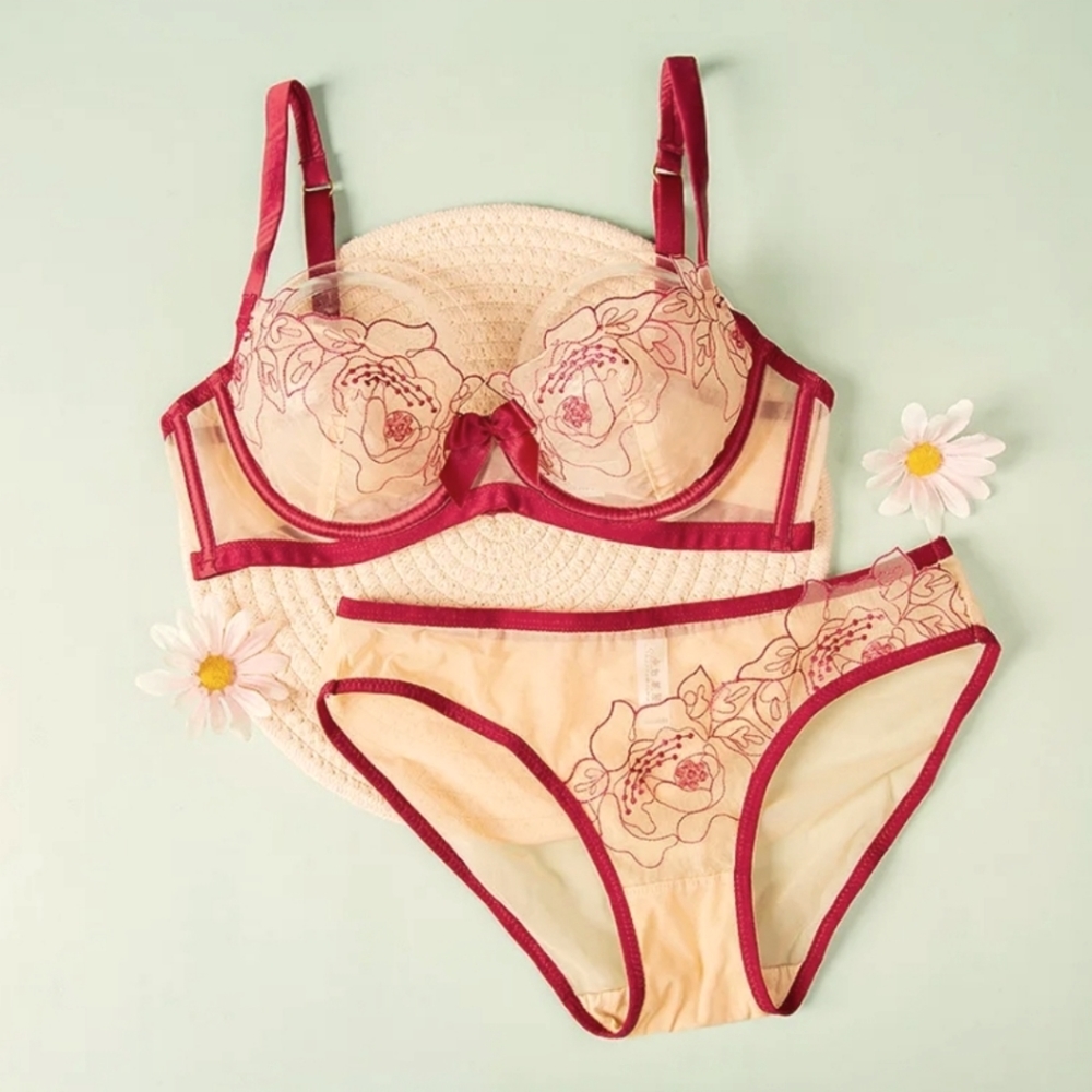Bra and Panty Set in Maroon Red with French Lace and Nude Sheer Backing